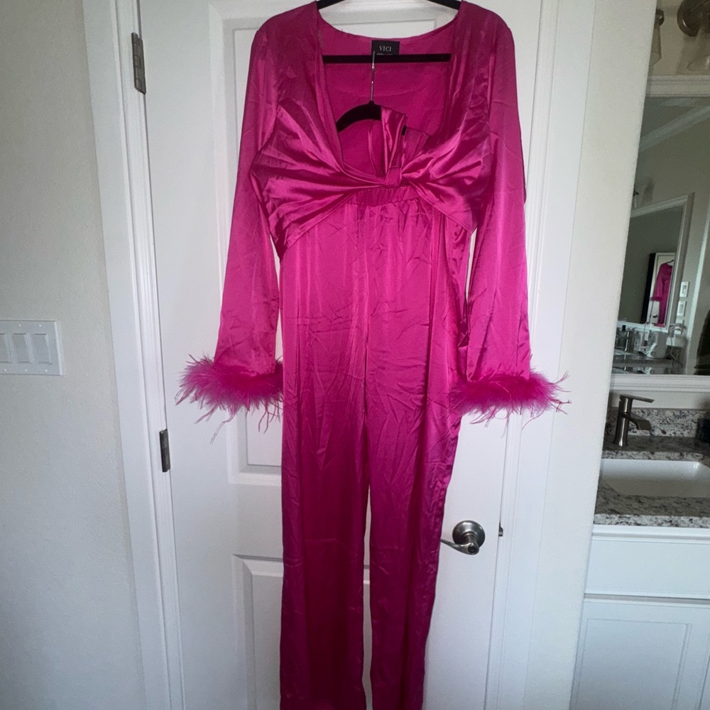 Vici pink Feather Trim Two Piece Set bachelorette